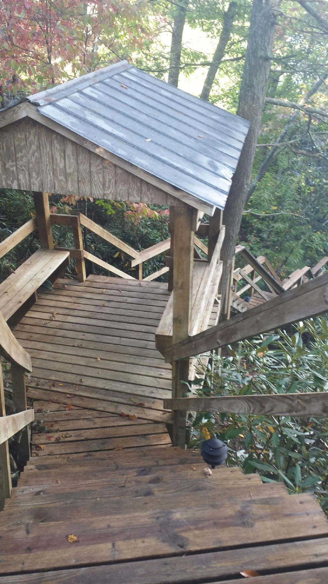 Metal roofed shelter over wooden steps on a wooded walkway — Skylight Repair & Installation work by our crew in Childwold